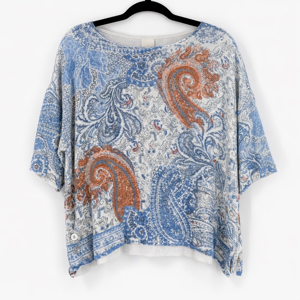 Chico's Paisley Knit Top Size L Blue Orange Button Detail‎ Boho Boxy Beachy